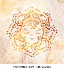 Ethnic ornamental sun on a grunge background. Vintage style illlustration.