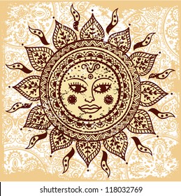 Ethnic Ornamental sun with vintage background