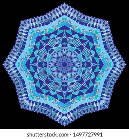 Ethnic ornamental vector blue mandala pattern. Decorative background. Tribal colorful ornament with rhombus, squares, triangles, lines, stripes, circles, zigzag. Elegance ornate mandala design. 