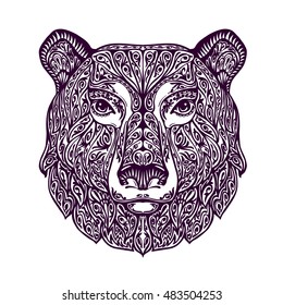 Ethnic ornamented bear. Hand drawn vector illustration with floral elements