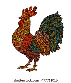 Ethnic ornamented rooster, cock. Chinese year symbol. Holiday card design element. Vector illustration