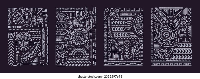 Ethnic ornaments posters. Ancient aztec, maya, cherokee wall art. Traditional african, mexican tattoo print. Abstract tribal shapes, figures for interior decoration. Flat isolated vector illustration