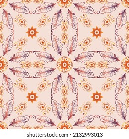Ethnic ornate feathers abstract mandala seamless pattern. 