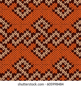 Ethnic ornate knitting seamless vector pattern in orange, brown and beige colours as a fabric texture