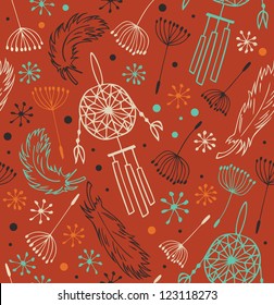 Ethnic ornate pattern. Seamless native background with flowers, feathers and dreamcatchers. Background in the Indian style for prints, crafts, wallpapers, textile