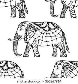 Ethnic ornate seamless pattern with hand drawn elephants and Ohm sign.  Isolated vector illustration. For Hindu, African, Indian, Thai, boho design, spiritual print, wrapping and textiles.
