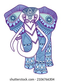 Ilustración de elefante ornamentado étnico vectorial al estilo de zentangle. Elementos de diseño dibujados a mano. Carta de bienvenida de moda. Animales coloridos de la página de impresión taza de camiseta. Patrón de luz indio. India