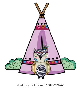 ethnic owl with camp and bushes plants