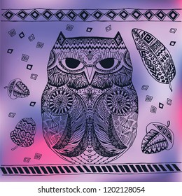 Ethnic owl with feather and acorns