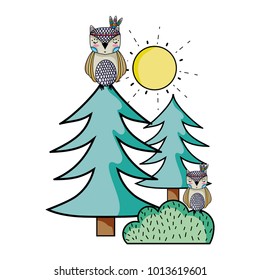 ethnic owls animals with pine trees and bushes