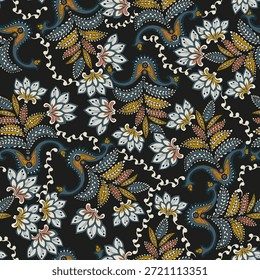 Ethnic paisley flower pattern background. Black background floral tapestry. Paisley pattern with traditional Indian style, design for decoration and textile