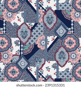 Ethnic, paisley and geometric motifs fabric patchwork abstract vector seamless pattern	