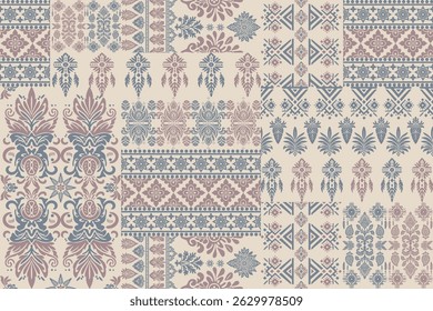 Etnische Paisley en geometrische motieven stof patchwork abstracte vector naadloze patroon.Ikat floral borduurwerk.Etnische oosterse traditionele.Damask stijl patroon voor textiel en decoratie.