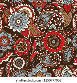 Ethnic paisley pattern with buta motifs and traditional Arabic floral mehndi elements on dark background. Motley decorative vector illustration for textile print, wallpaper, wrapping paper, backdrop.