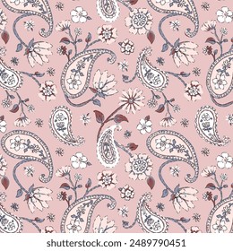 Ethnische Paisley Aquarell Blumenmuster mit Blumen und Blättern. Orientalisches traditionelles handgemaltes Aquarell-Textildesign. Abstrakter indischer Batik-Hintergrund