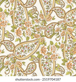 Padrão floral de aquarela de paisley étnico com flores e folhas. Design têxtil tradicional de aquarela pintado à mão oriental. Resumo indiano batik fundo