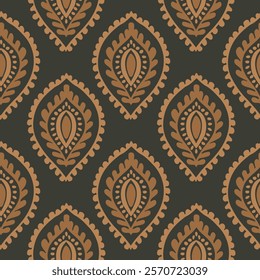 Ethnic papaya block in an earth tone neutral color palette of cream and brown on charcoal grey background. Beautiful tribal seamless vector pattern. Great for home decor, fabric, wallpaper, gift wrap.