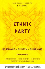 Ethnic party poster vector background template with 3d geometric shape in yellow color. Music event card or banner abstract background with ethnic ornament