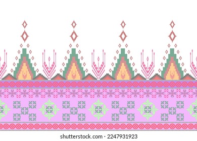 Patrón de frontera tradicional de color pastel étnico. Moda oriental nativa rosa. Diseños para tejidos, prendas de vestir, manteles, textiles, textil, línea de borde, ilustración, vector, fondo, impresión, envoltura