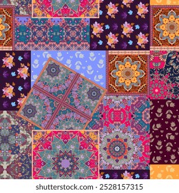 Patrón de patchwork étnico con mandalas, flores y parches bordados. Las Imágenes se crean sin el uso de ningún software de inteligencia artificial en ninguna etapa.