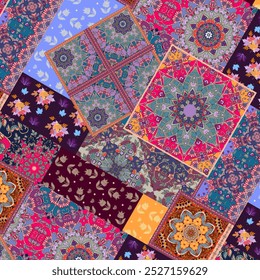 Ethnic patchwork pattern with mandalas, ornamental borders and embroidered flowers. The images are created without the use of any artificial intelligence software at any stage.