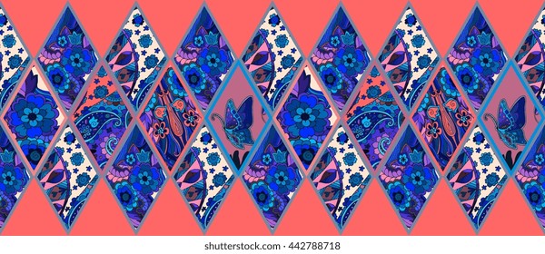 Ethnic patchwork pattern from ornamental rhombuses with flowers, butterfly and paisley. Vector illustration.