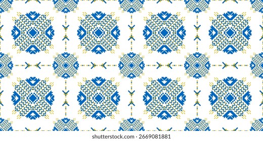 Ethnic pattern of abstract blue-yellow geometric shape in circle design. Seamless pattern vector. Concept of motifs, modern, pixel art, luxury, native for textiles, fabric texture, wrapping paper.