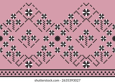 Ethnic pattern of abstract geometric black flower shape on pink background. Cute floral seamless pattern. Concept of tone, modern design, pixel art, elegant motifs for textiles, carpet, embroidery.