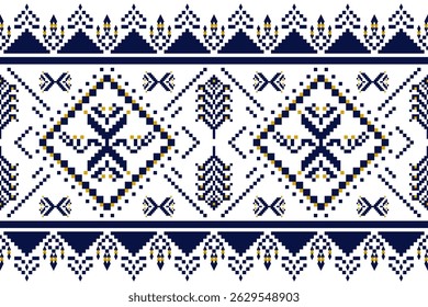 Ethnic pattern of abstract geometric blue and yellow. Seamless motifs on white background. Concept of diamond shape, classic, vintage, modern, native for wrapping, wallpaper, texture, fashion print.