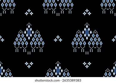 Ethnic pattern of abstract geometric blue diamond shape on black background. Simple flower seamless. Concept of dark, classic, bouquet, luxury, elegant motifs for wrapping, textile, embroidery, print.