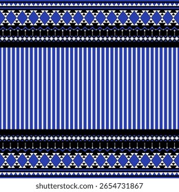 Padrão étnico de azul geométrico abstrato e branco sobre fundo preto. Padrão contínuo com listras verticais. Conceito de motivos, clássico, tradição, elegante para textura de tecido, têxteis, impressão de papel