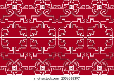 Ethnic pattern of abstract geometric white on red background. Abstract geometric shape seamless. Hand-drawn, classic, modern, vintage, traditional, native concepts for textile, fashion, decor, carpet.