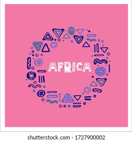 The ethnic pattern in African style with blue and light blue color on a bright pink background. The text of Africa and the ornament in the round