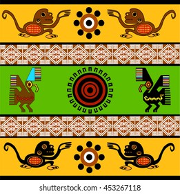 Ethnic pattern of American Indians: Aztecs, Mayans, Incas. Monkey, eagle, sun. Decor in the Mexican style. Vector illustration.