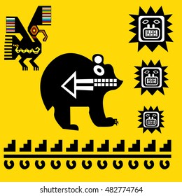 Ethnic pattern of American Indians: Aztecs, Mayans, Incas. Bear and eagle
. Drawing in the Mexican style. Vector illustration.