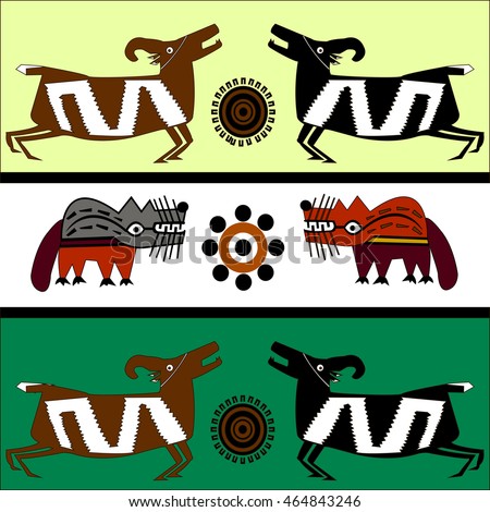 Ethnic pattern of American Indians: Aztecs, Mayans, Incas. Wolf and mountain goat or sheep. Drawing in the Mexican style. Vector illustration.
