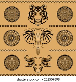 ethnic pattern of animal heads and mandalas on a beige background