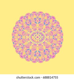 Ethnic pattern. Authentic mandala print on yellow background. Vector illustration.