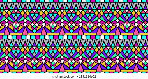 Ethnic pattern. Aztec fabric. Embroidery effect. Tribal ornament. Brazilian or Mexican print. Clothes or interior design. Boho fashion. Traditional homespun textile. Vector seamless pattern.