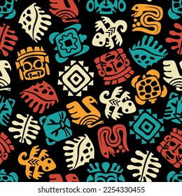 Ethnic pattern. Aztec symbols wallpaper. Bright colorful stylish vector illustration about Mexico. Pattern with symbols of Mexico. Abstract seamless pattern 