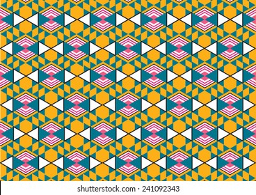 Ethnic pattern background in blue, pink and yellow colors, vector illustration 