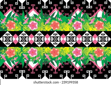 Ethnic pattern background in blue,red,black colors and pink flower , vector illustration.