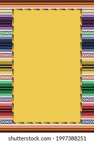 Ethnic pattern background with copy space for text. Colorful striped frame. Traditional mexican blanket ornament. Cinco de Mayo design illustration. For banner, card, mexican restaurant menu cover.