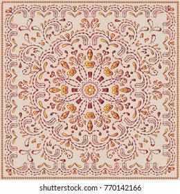 Ethnic pattern or bandana print in indian style. Indian floral paisley medallion pattern. Ethnic Mandala ornament. Can be used for textile, greeting card.