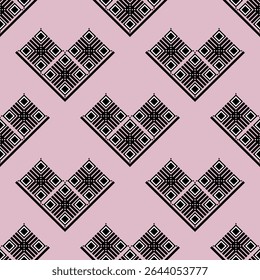 Ethnic pattern in black and white on mauve background. Seamless geometric vector. Concept of traditional design, geometric, motifs, diamond, V-shaped for fabric texture, wrapping paper, wallpaper.