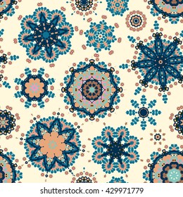Ethnic pattern in blue beige color with stylized flowers. Seamless vector texture for print, spring summer fashion, fabric, textile