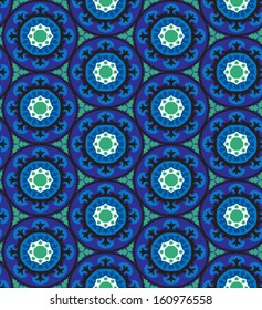 Ethnic pattern in blue color with stylized flowers, leaves and circular shapes with Kazakh, Turkish, Uzbek motifs Seamless vector texture for print, spring summer fashion, wallpaper, fabric, textile
