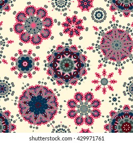 Ethnic pattern in blue pink color with stylized flowers. Seamless vector texture for print, spring summer fashion, fabric, textile