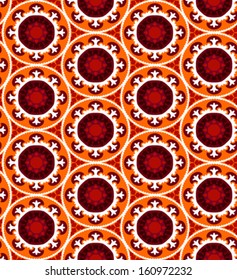 Motivo étnico de color brillante con flores estilizadas, hojas y formas circulares con motivos kazajos, turcos, uzbekos Textos vectoriales sin inmueble para impresión, moda de verano primaveral, papel pintado, tela