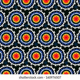 Ethnic pattern in bright color with stylized flowers, leaves and circular shapes with Kazakh, Turkish, Uzbek motifs Seamless vector texture for print, spring summer fashion, wallpaper, fabric, textile
